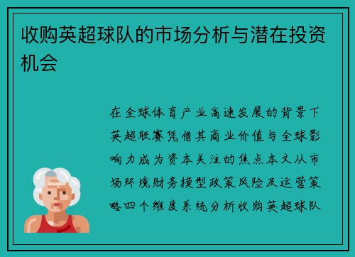 收购英超球队的市场分析与潜在投资机会